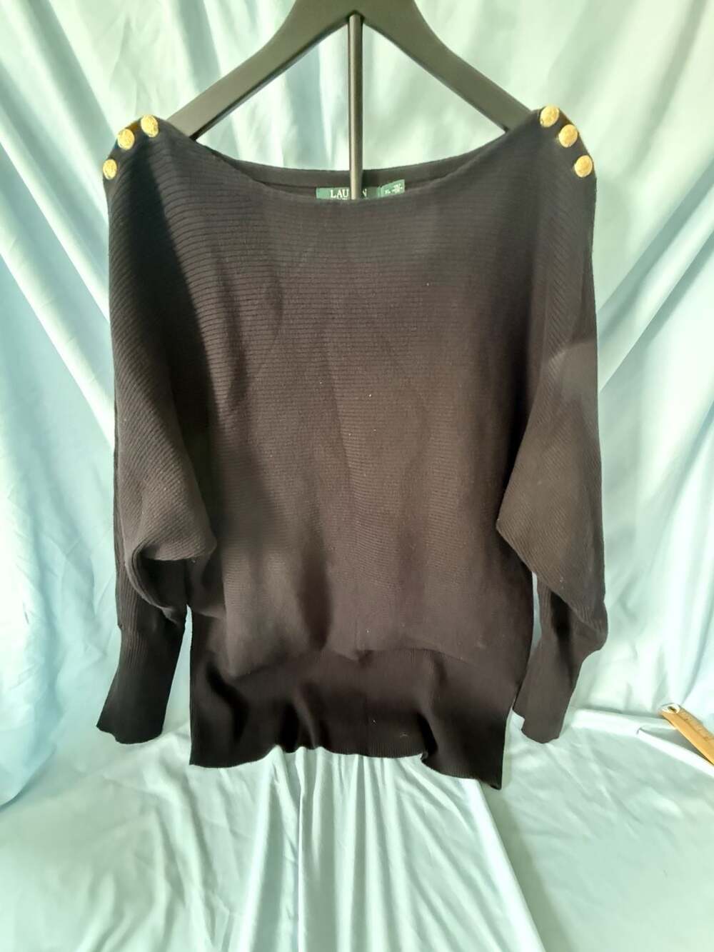 LAUREN Ralph Lauren Women's Black Ribbed Knit Sweater with Gold Tone Shoulder Bu